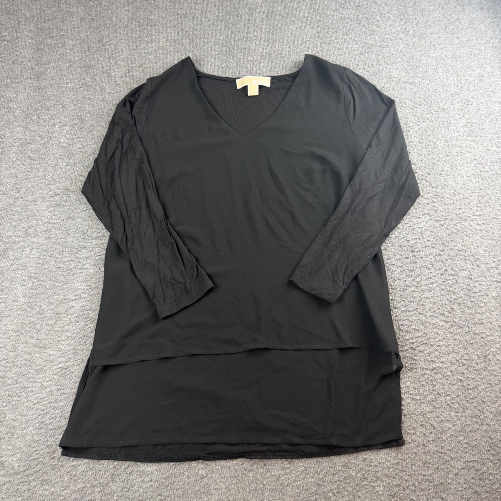 Michael Kors Mixed Media Top Women's Small Black V-Neck Long Sleeve Blouse